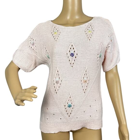 Vintage 70's Women's Knitted Sweater Lt Pink Floral Grandmacore Cottagecore - Picture 2 of 9